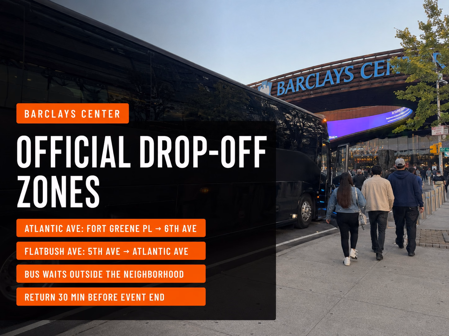 Charter bus drop-off and pickup at Barclays Center
