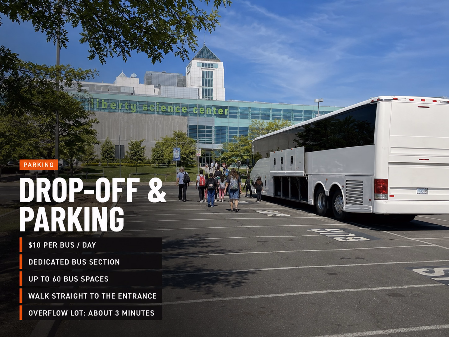 Charter bus drop-off and parking at Liberty Science Center