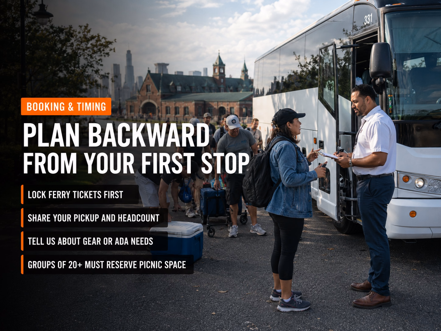 Booking and timing for Liberty State Park group trips