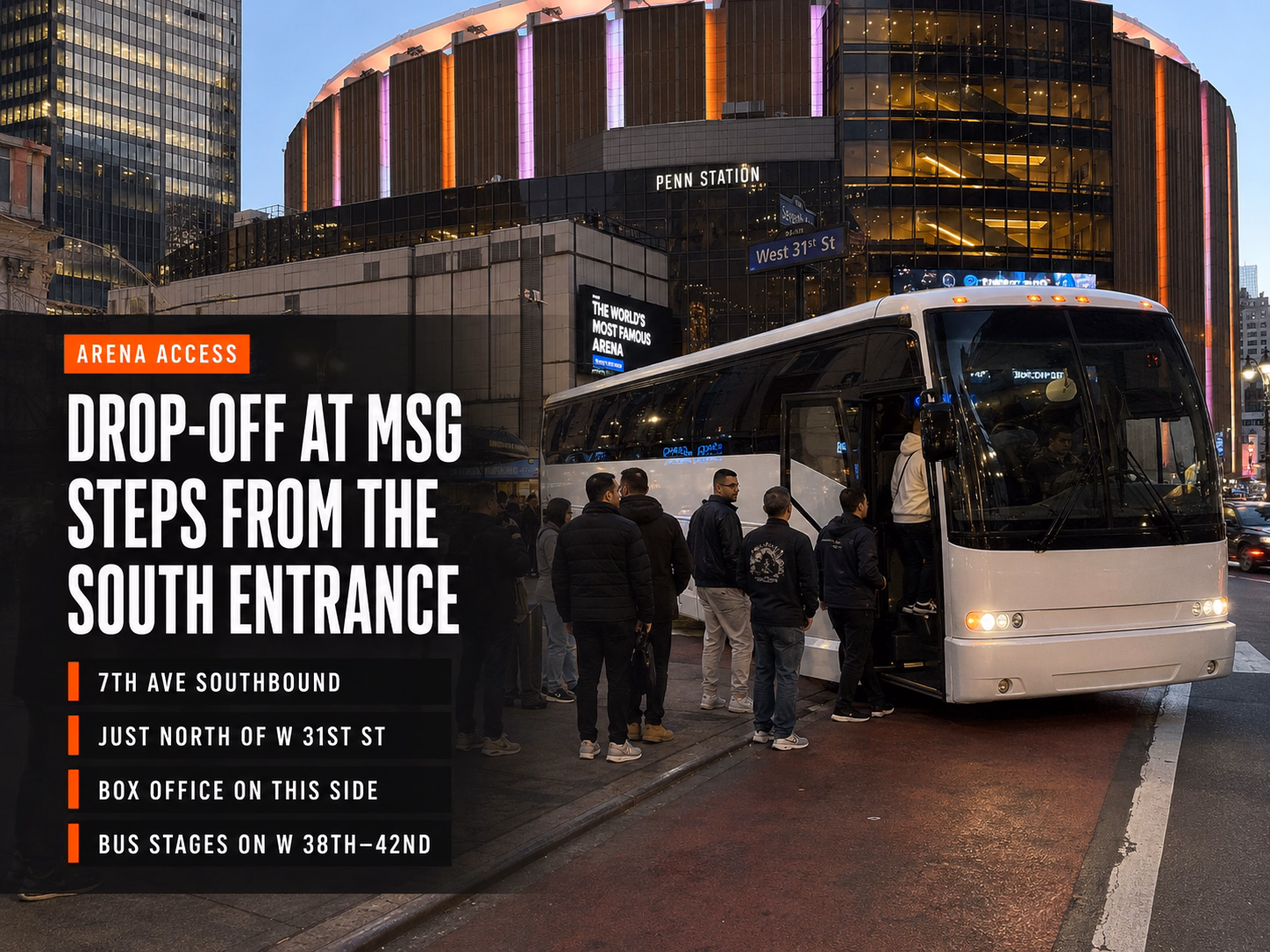 Charter bus drop-off and pickup at Madison Square Garden