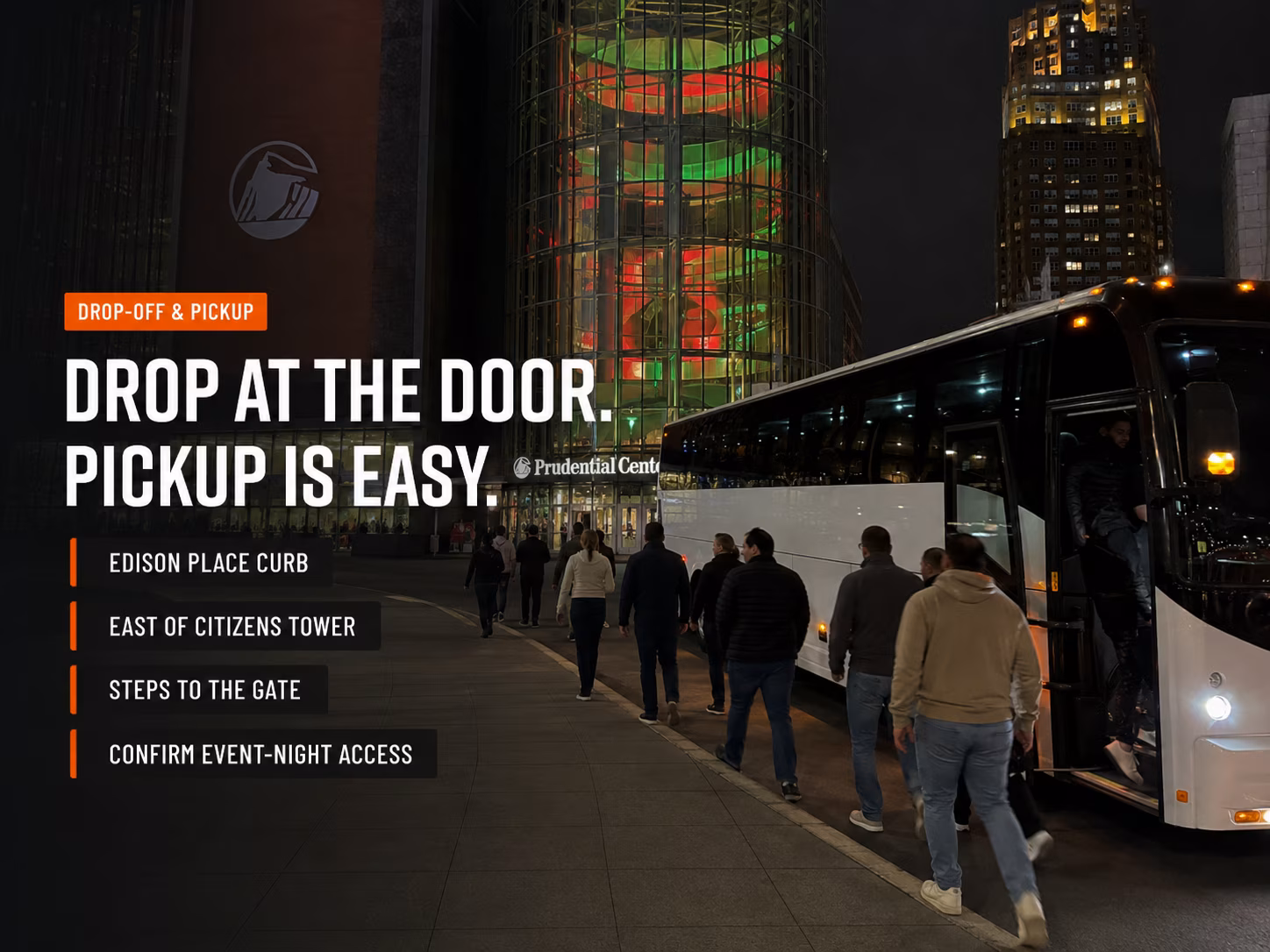 Charter bus drop-off and pickup at Prudential Center