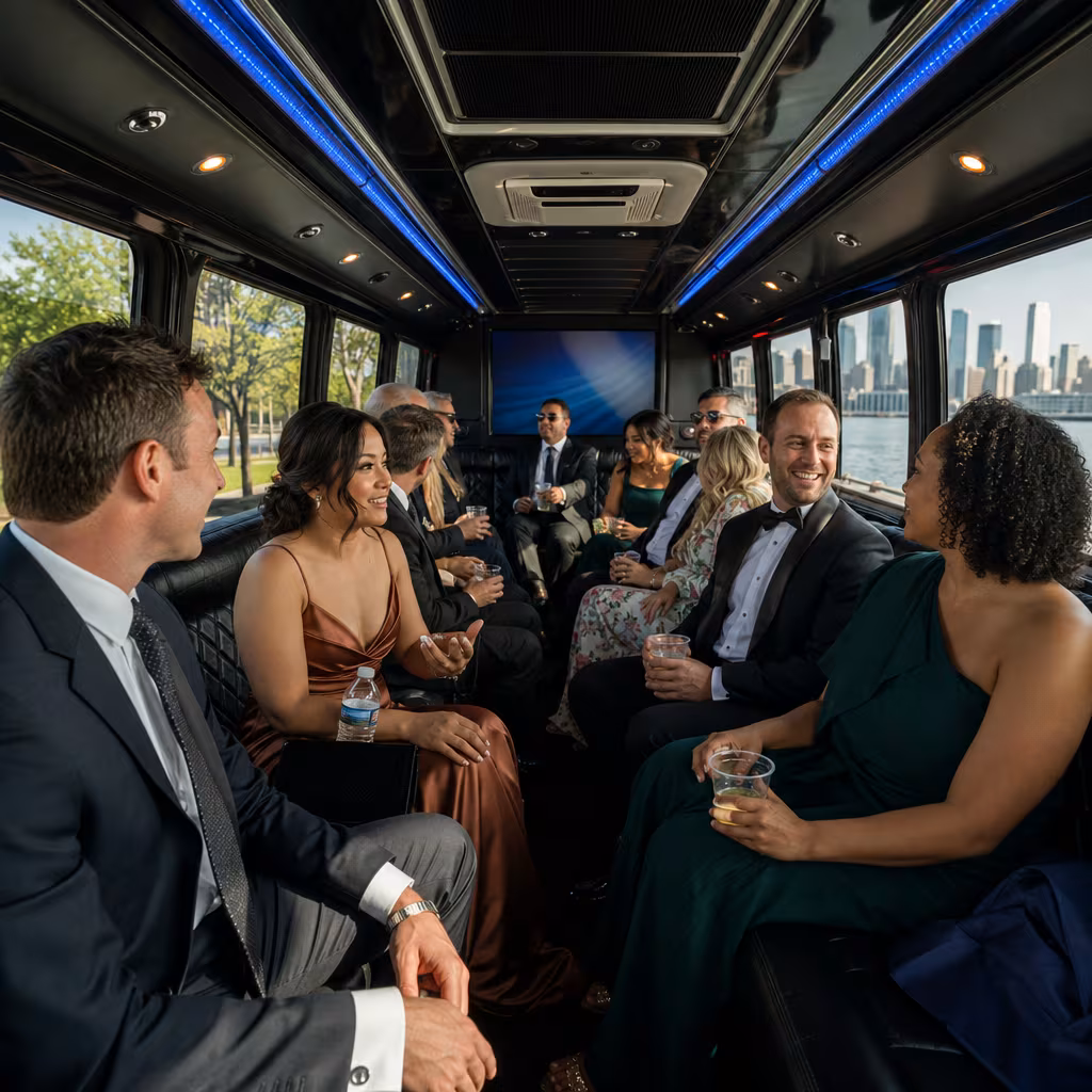 Wedding guests seated inside a Jersey City party bus