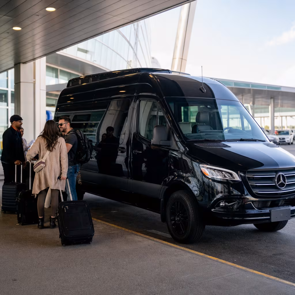 Group boarding a white charter bus for Airport Transportation transportation in Jersey City