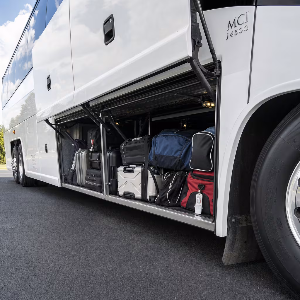 Party bus interior with wraparound leather seating and LED lighting in Jersey City
