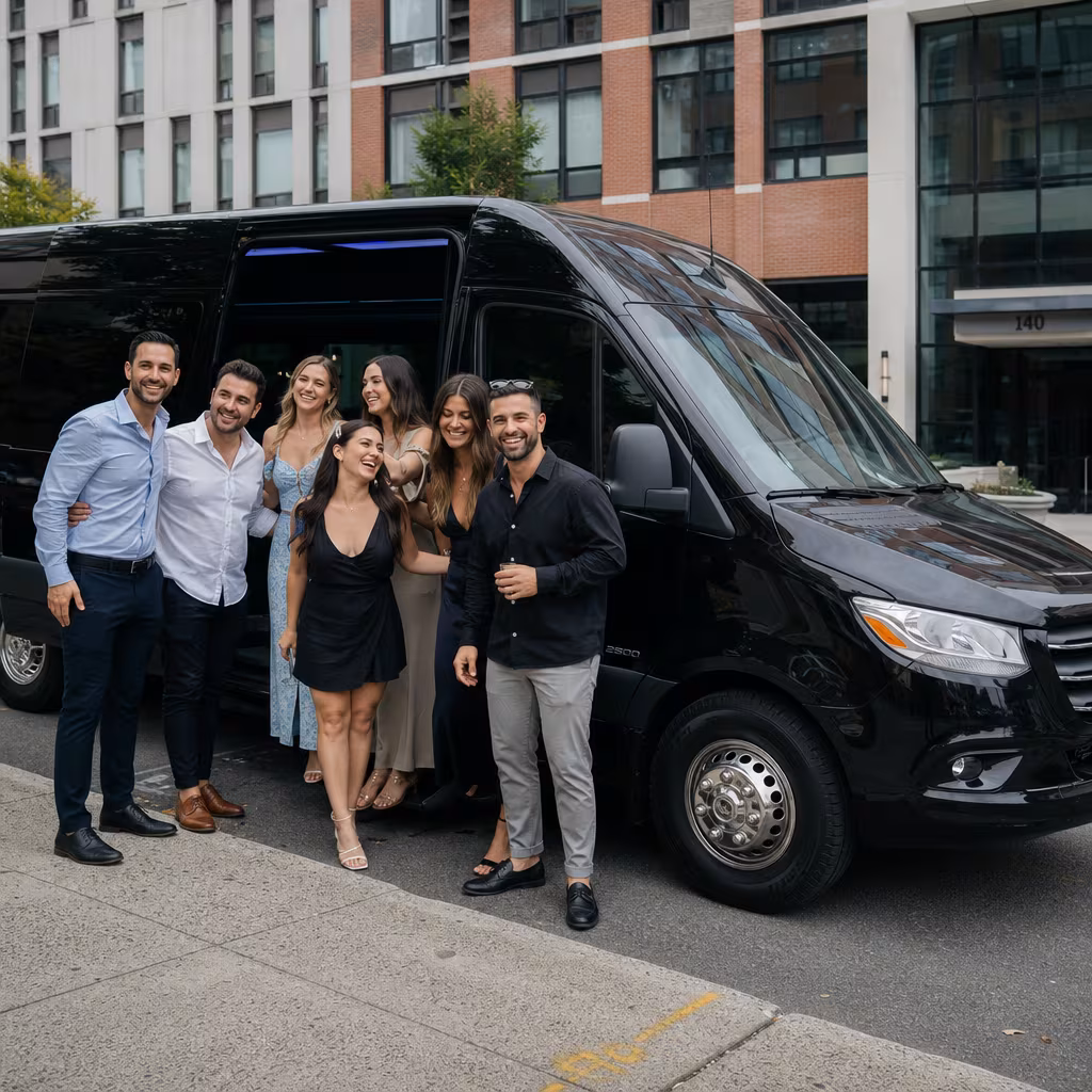Group boarding a white charter bus for Bachelor & Bachelorette Transportation transportation in Jersey City