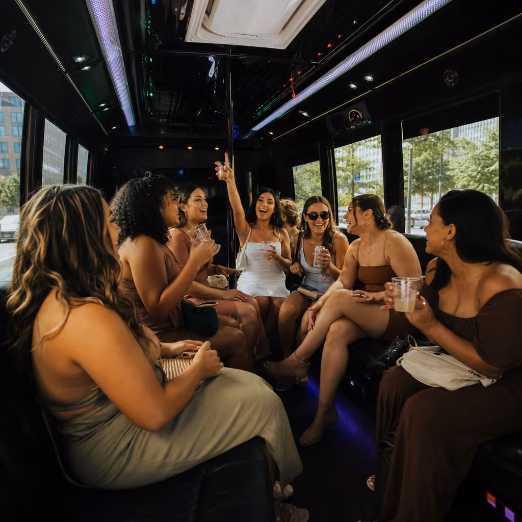 Party bus interior with wraparound leather seating and LED lighting in Jersey City