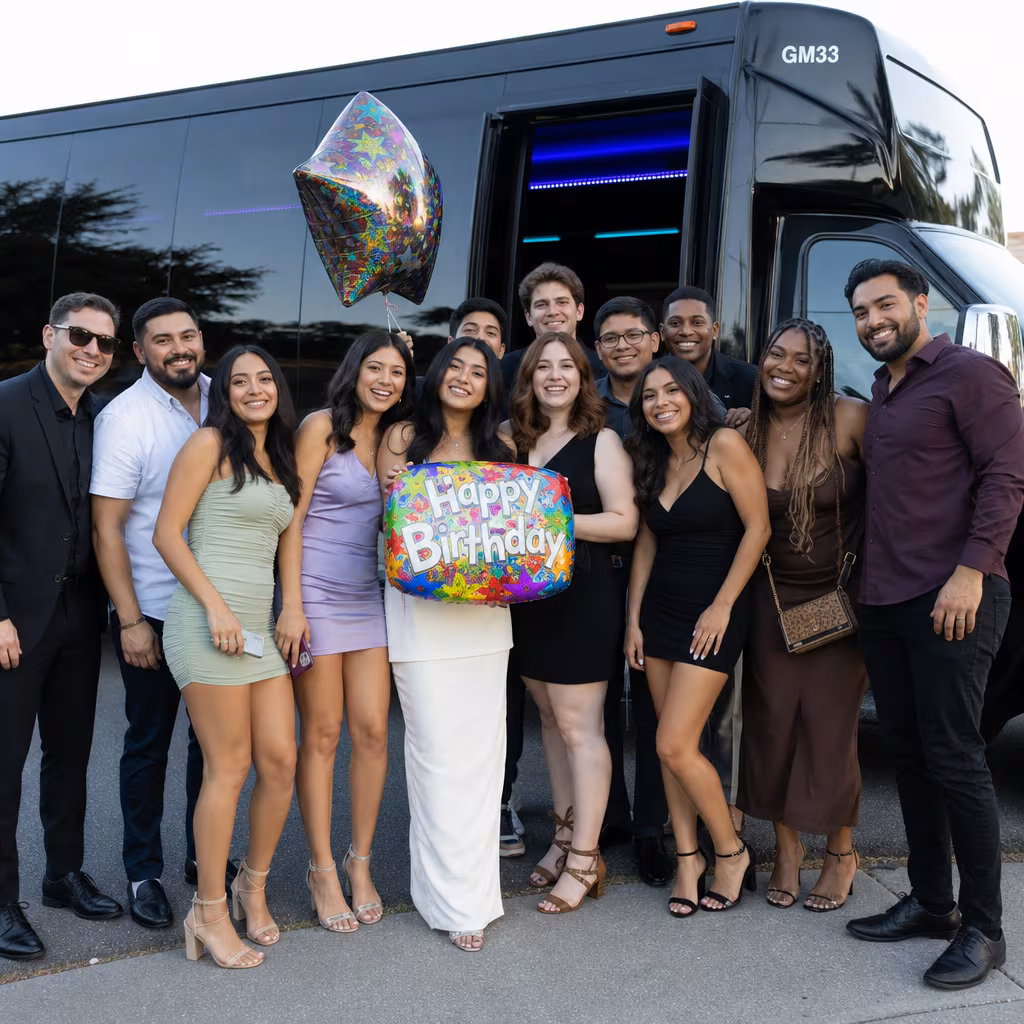 Party bus interior with wraparound leather seating and LED lighting in Jersey City