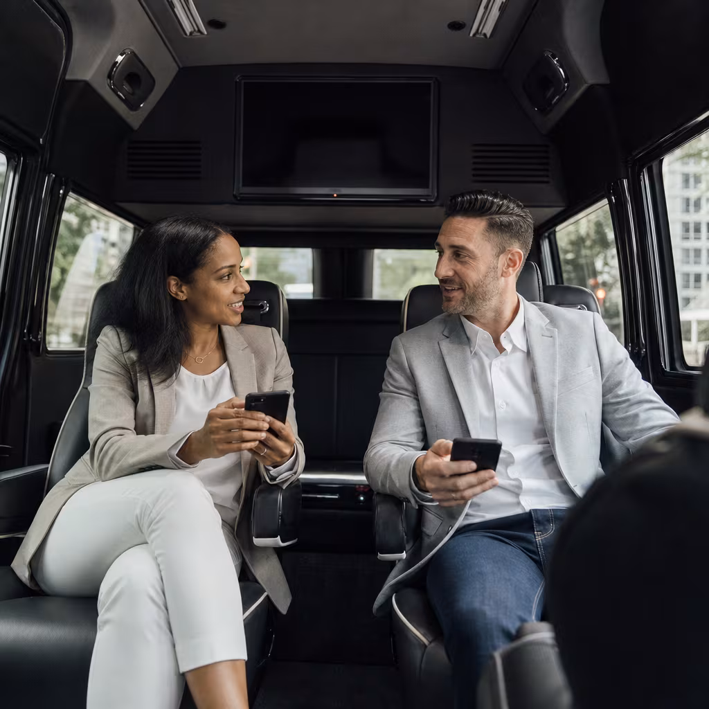 Group boarding a white charter bus for Corporate Transportation transportation in Jersey City