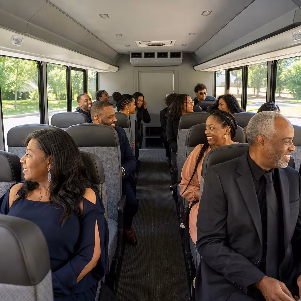 Group boarding a white charter bus for Private Event Transportation transportation in Jersey City