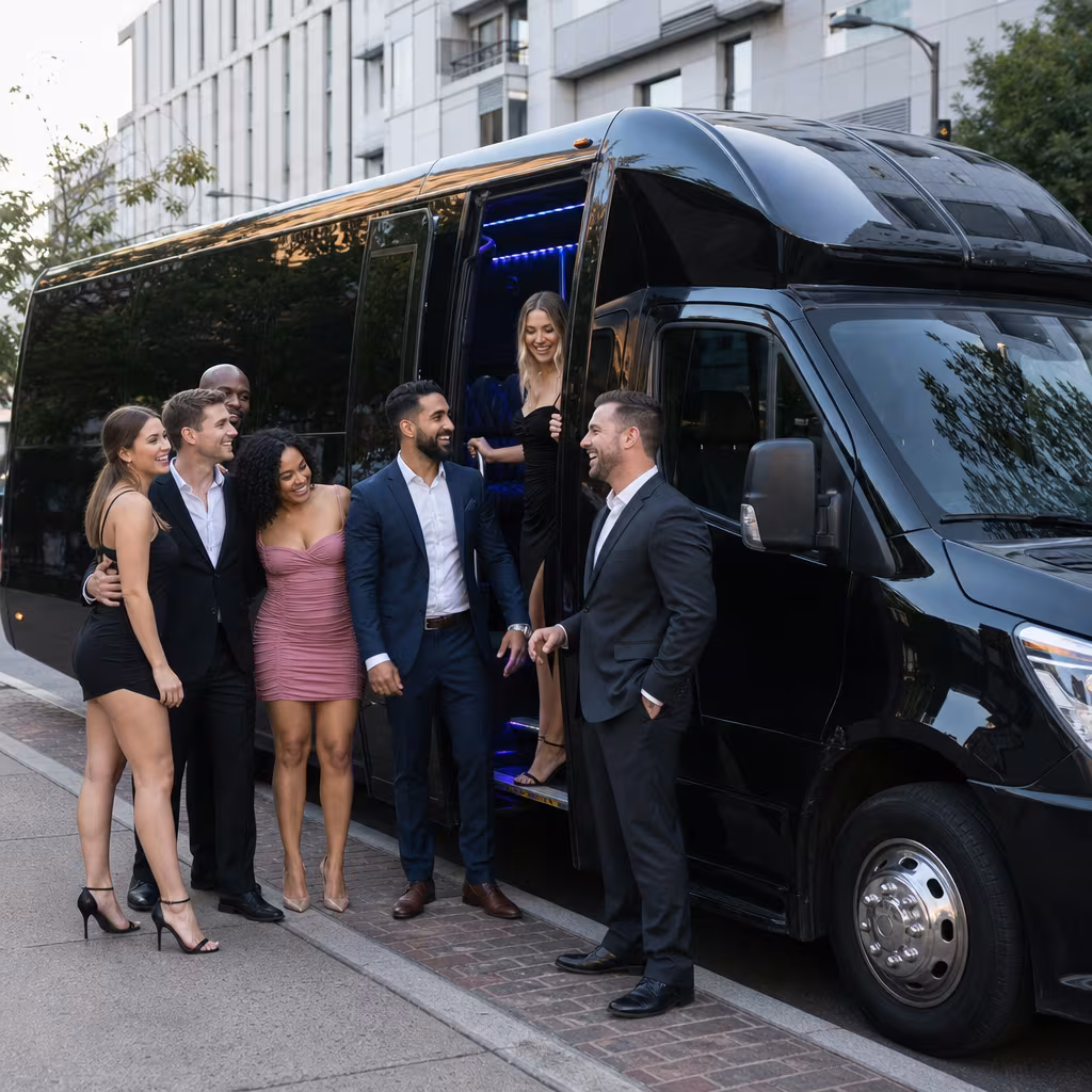 Passengers loading luggage while boarding an Jersey City group shuttle