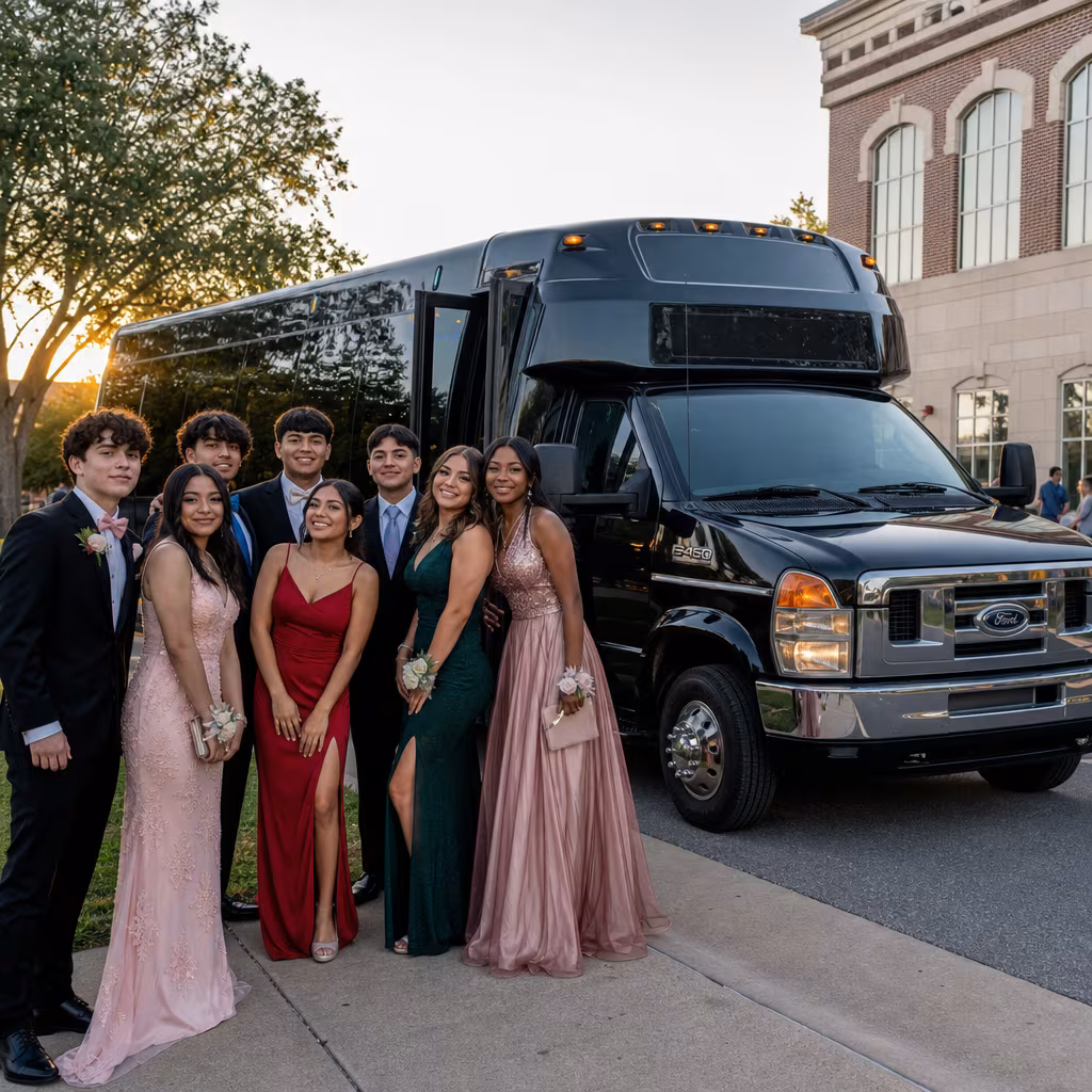 Group boarding a white charter bus for Prom & Homecoming Transportation transportation in Jersey City