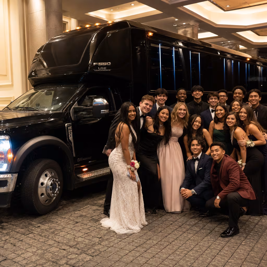 Party bus interior with wraparound leather seating and LED lighting in Jersey City