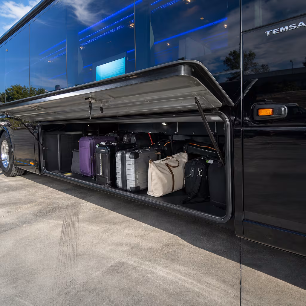 Party bus interior with wraparound leather seating and LED lighting in Jersey City