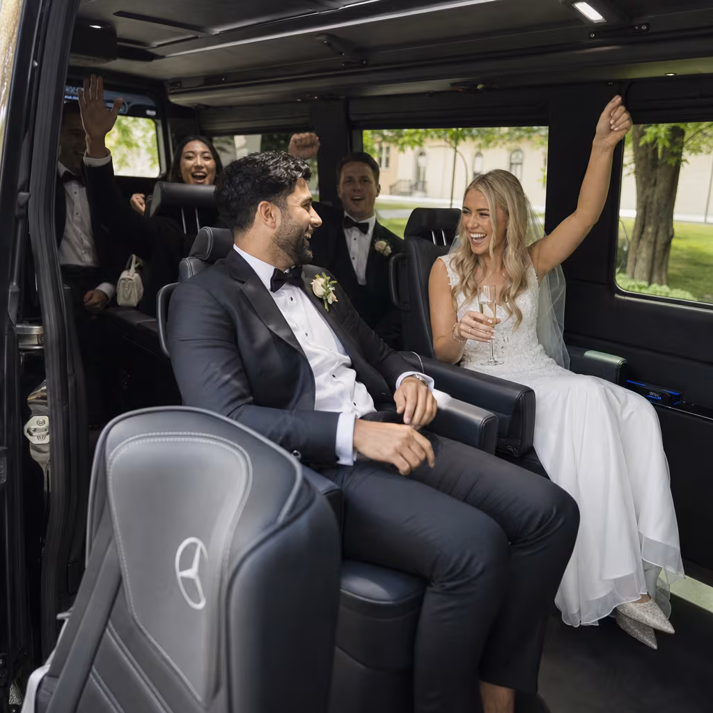 Black Mercedes Sprinter van staged for an Jersey City Wedding Transportation group