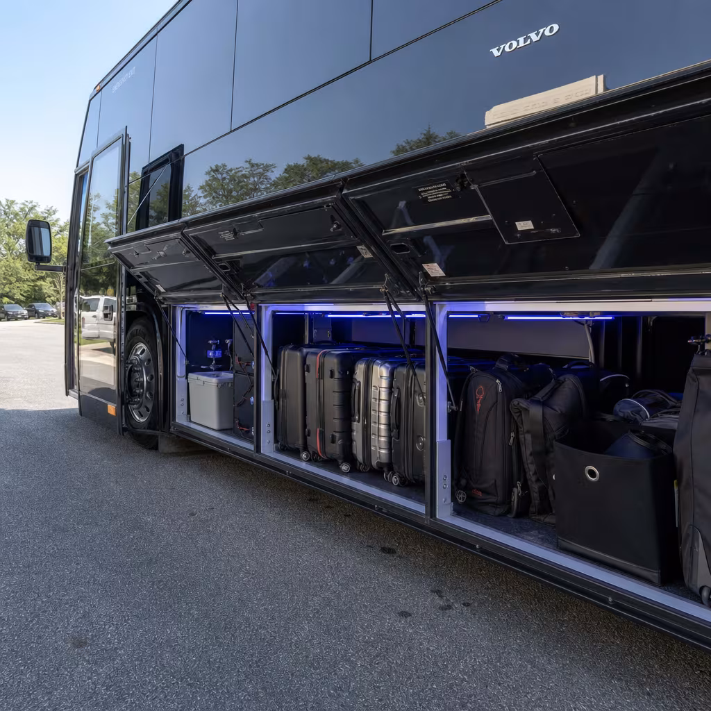 Party bus interior with wraparound leather seating and LED lighting in Jersey City