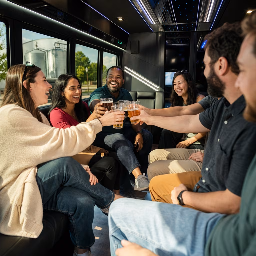 Group boarding a white charter bus for Winery & Brewery Tour Transportation transportation in Jersey City